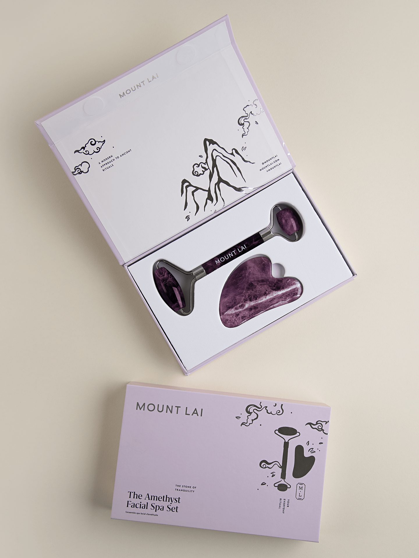 Authentic Amethyst Gua Sha Lifting Tool and Facial Roller In Gift Box