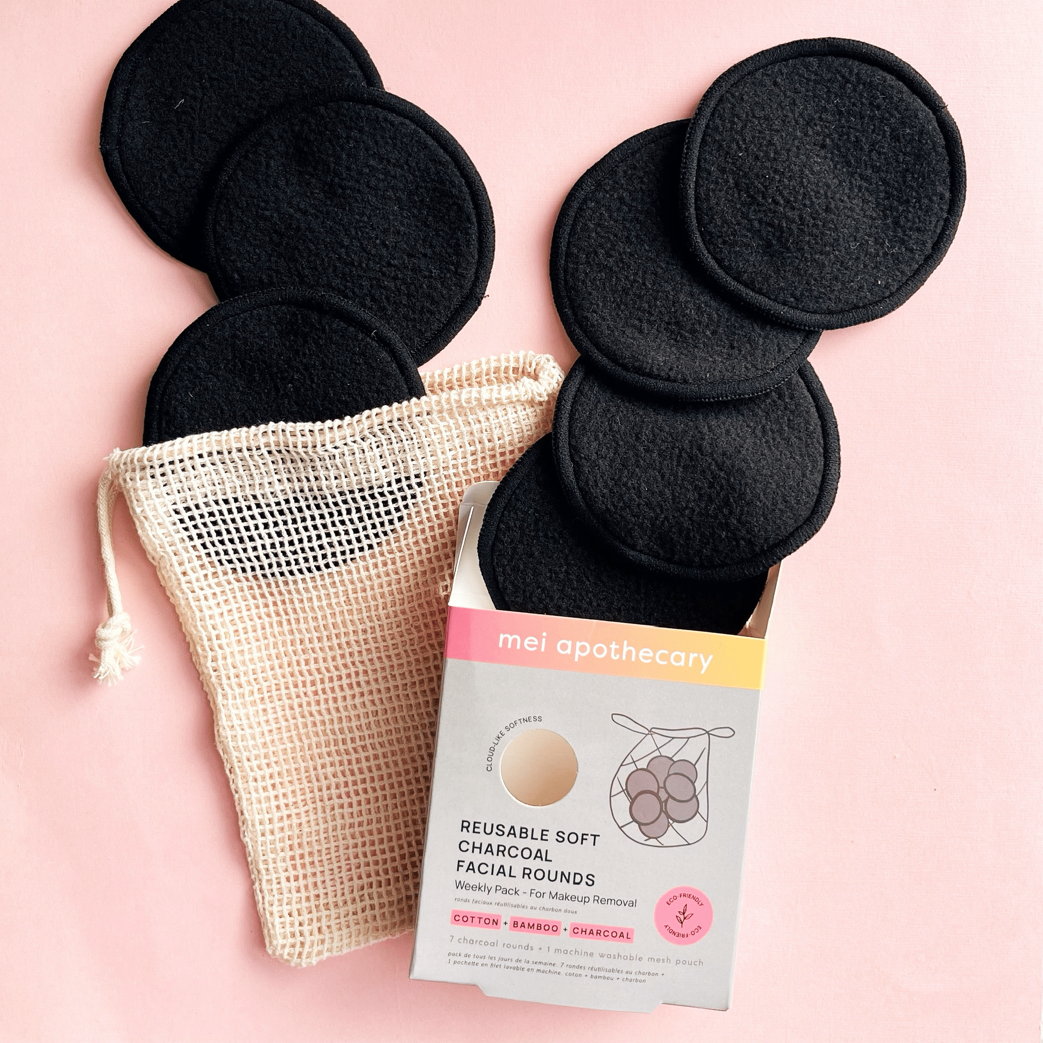 Bag of Reusable Charcoal Soft Facial Rounds for makeup removal featuring packaging