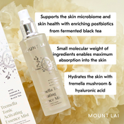 Supports the skin microbiome and skin health. Hydrates the skin with tremella mushroom and hyaluronic acid